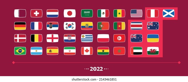 All Flags of the countries in the 2022 soccer world championship in qatar