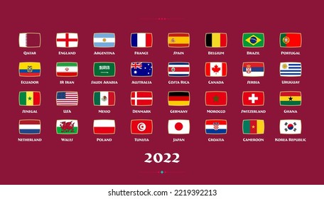 Alle Flaggen der Länder bei der Fußballmeisterschaft 2022. Vektorgrafik