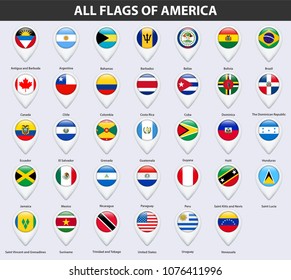 All flags of the countries of America. Pin map pointer glossy style.