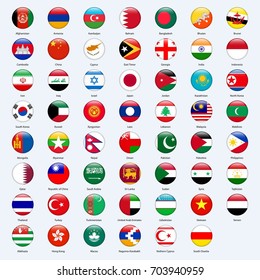 All flags of the countries of the Asia. Round glossy style.