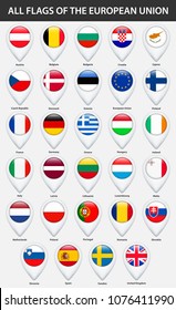 All flags of the countries of the European Union. Pin map pointer glossy style.