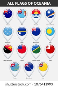 All flags of the countries of Oceania. Pin map pointer glossy style.