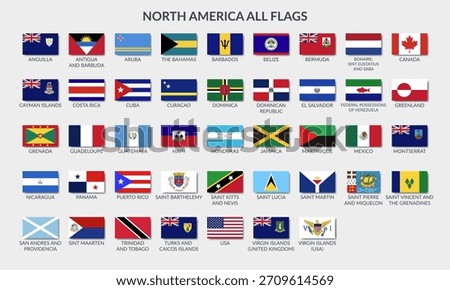 All flags of North America countries. Set of vector cliparts in flat style.