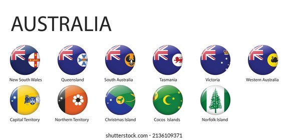 all Flags of regions of Australia. Glossy button flag design