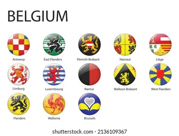 all Flags of regions of Belgium. Glossy button flag design