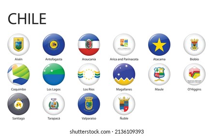 all Flags of regions of Chile. Glossy button flag design