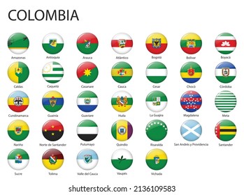 all Flags of regions of Colombia. Glossy button flag design