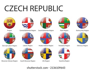 all Flags of regions of Czech Republic. Glossy button flag design