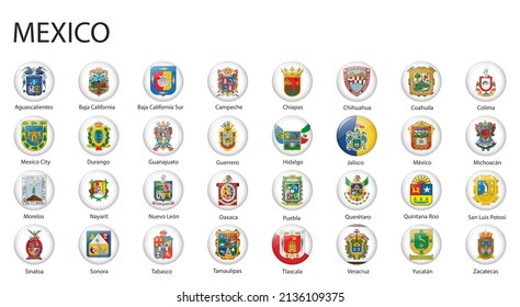 all Flags of regions of Mexico. Glossy button flag design