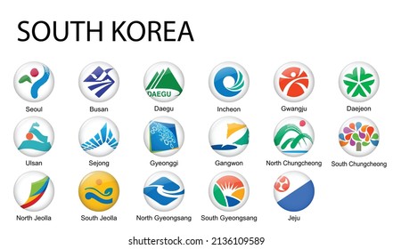 all Flags of regions of South Korea. Glossy button flag design