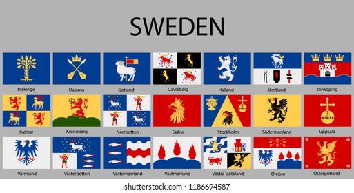 all Flags of regions of Sweden. Vector illustraion
