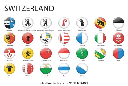 all Flags of regions of Switzerland. Glossy button flag design