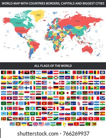 All flags of the world in alphabetical order and Detailed world map with borders, countries, large cities