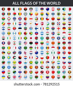 All flags of the world in alphabetical order. Round, circle glossy style