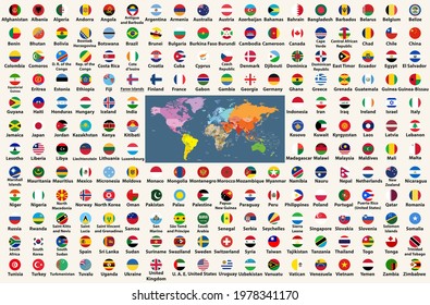 All flags of the world  in circular form design, arranged in alphabetical order, with original colors and high detailed emblems. Map of the world. Vector isolated illustrations with editable layers