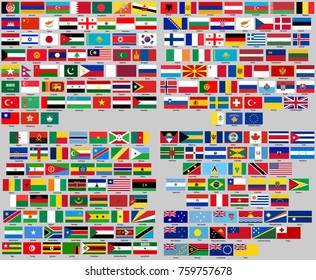 all flags of the world. Correct size, proportion, colors. Sort by continents