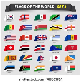 All Flags Of The World Set 1 . Waving Ribbon Style . 
