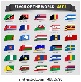 All flags of the world set 2 . Waving ribbon style . 