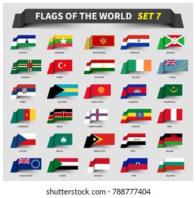 All flags of the world set 7 . Waving ribbon style . 