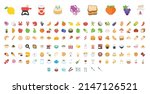 All Food Emoticons in One Big Set. Fast Food, Asian, Sweets, Drinks and Sea Food Vector Collection. Food Emoji Set