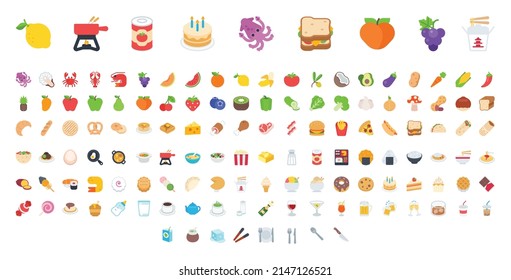 All Food Emoticons in One Big Set. Fast Food, Asian, Sweets, Drinks and Sea Food Vector Collection. Food Emoji Set