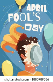 All fools day composition with editable text and cake smashed on persons face with joker hat vector illustration