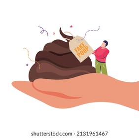All fools day flat background composition with human hand holding fake poop with text on tag vector illustration