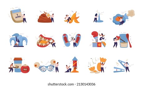 All fools day flat recolor set of isolated icons with small human characters doing various pranks vector illustration