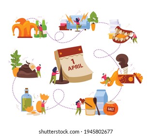 All fools day flat set of connected compositions with calendar icon joker hat pranks and people vector illustration