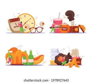 All fools day flat set of isolated compositions with icons of various pranks and human characters vector illustration