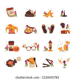 All Fools Day Set Of Flat Icons And Isolated Images Of Prank Goods With Human Characters Vector Illustration