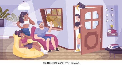 All fools door flat composition with indoor scenery of living room with group of young friends vector illustration