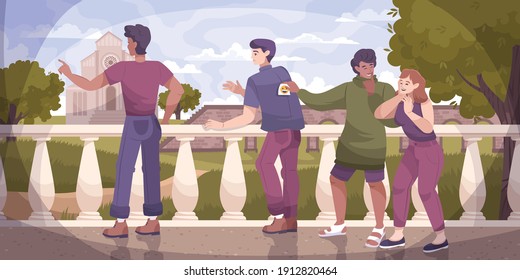 All fools flat composition with outdoor landscape and people attaching paper sheets to their friends back vector illustration