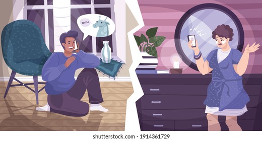 All fools phone flat composition with indoor scenery male and female human characters during prank call vector illustration