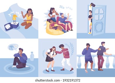 All fools set of flat compositions with doodle characters of people making pranks of each other vector illustration