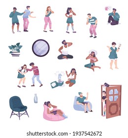 All fools set with flat icons and human characters of people making pranks of each other vector illustration