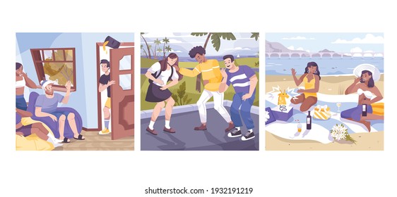 All fools set of three square compositions with various landscapes and people during pranks funny situations vector illustration