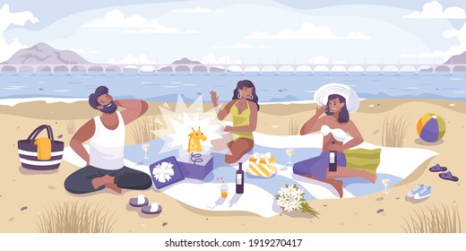 All fools surprise flat composition with outdoor river shore landscape and group of friends prank jokes vector illustration