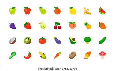 All Fruits Vector Icons Set. Vegetables, Vegetarian Foods. Fresh Organic Food Flat Illustrations, Emojis, Symbols, Stickers Collection