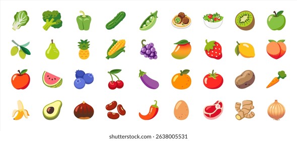 All Fruits Vector Icons Set. Vegetables, Vegetarian Foods. Fresh Organic Food Flat Illustrations, Emojis, Symbols, Stickers Collection, Vector 10 eps.