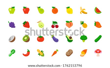 All Fruits Vector Icons Set. Vegetables, Vegetarian Foods. Fresh Organic Food Flat Illustrations, Emojis, Symbols, Stickers Collection