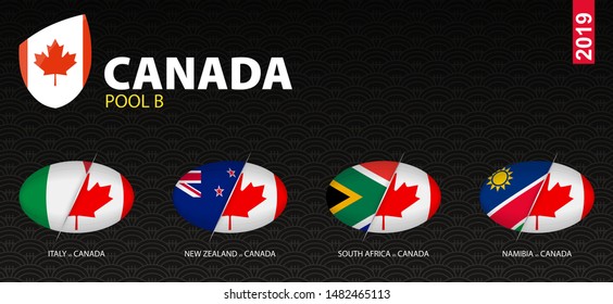 All games of Canada rugby team in pool B stylized as icons. Canada versus: New Zealand, South Africa, Namibia, Italy.