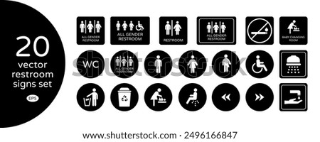 All Gender Restroom Flat Design Signs Set. Gender Neutral Toilet, Shower, No smoking, Bidet, Baby Changing, Trash Can Icons on Black Background for Web, Mobile App, Office, Mall, Restaurant.