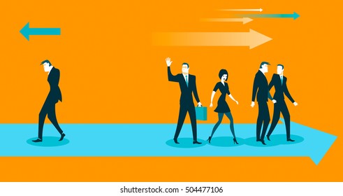 all go in one direction, and only one against. Vector illustration