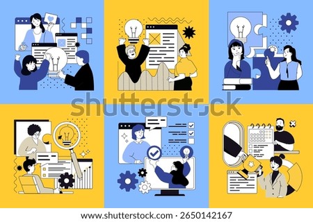 All good ideas concept of social media banners set for web design. People thinking, searching solutions, brainstorming, creating business innovations, making startup strategy. Vector illustrations.