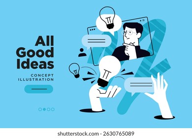 Todas buenas ideas. Ilustración vectorial para el diseño de páginas de Sitio web, Anuncio de Web, Anuncio de redes sociales, presentación de negocios, material de marketing.