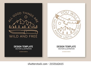 All good things are wild and free. Summer camp. Vector illustration. Set of Line art flyer, brochure, banner, poster with flying condor, knife, mountains and forest silhouette.