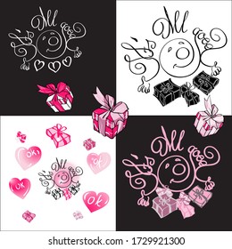 It's all good. This is all very well. Motivational quote in the form of a happy sun, suitable for decorating gifts. Pink gift boxes with bows.