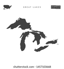 All the Great Lakes of North America Blank Vector Map Isolated on White Background. High-Detailed Black Silhouette Map of Great Lakes.