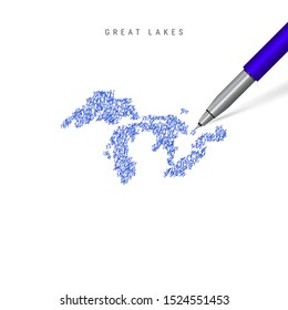 All the Great Lakes sketch scribble map isolated on white background. Hand drawn vector map of the Great Lakes. Realistic 3D ballpoint pen or roller pen illustration.